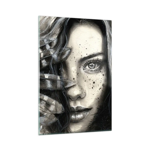 Obraz na szkle - Artystyczny portret kobiety z abstrakcyjnymi detalami - 80x120cm - Dzika piękność - Nowoczesna dekoracja ścienna do salonu i sypialni ARTTOR