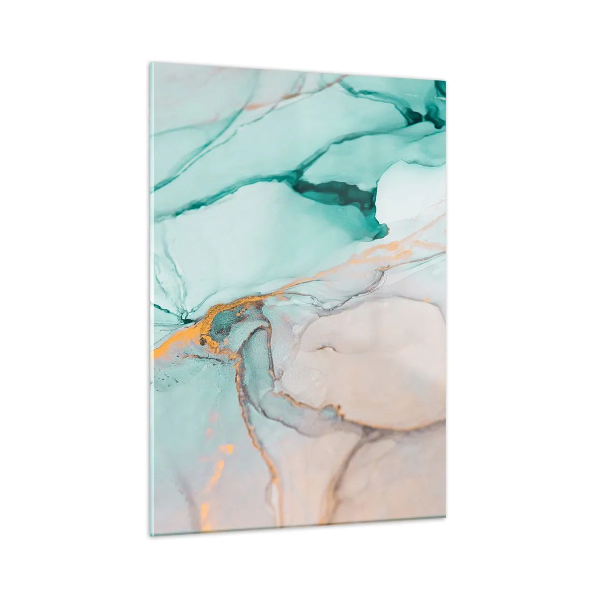 Obraz na szkle - Abstrakcyjna kompozycja w odcieniach turkusu i złota - 50x70cm - Taniec kształtów i barw - Nowoczesna dekoracja ścienna do salonu, kuchni i sypialni ARTTOR