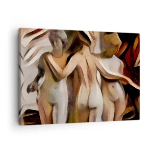 Obraz na płótnie - Trzy Gracje 2.0 - Abstrakcyjna scena z trzema postaciami w ciepłych barwach - 70x50cm