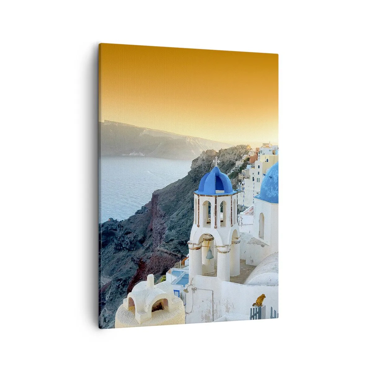Obraz na płótnie - Widok na wioskę w Grecji z niebieskimi kopułami i morzem - 50x70cm - Santorini - przytulone do skał - Nowoczesna dekoracja ścienna do salonu, kuchni i sypialni ARTTOR