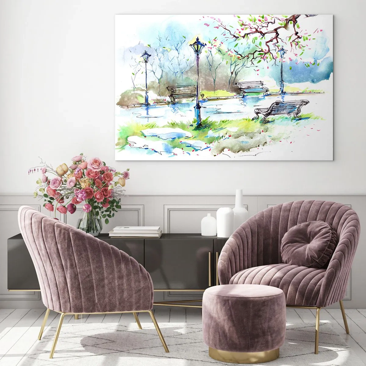 Obraz na szkle - Akwarela parkowej scenerii z ławkami i latarniami - 70x50cm - Czar parkowej ciszy - Nowoczesna dekoracja ścienna do salonu i sypialni ARTTOR