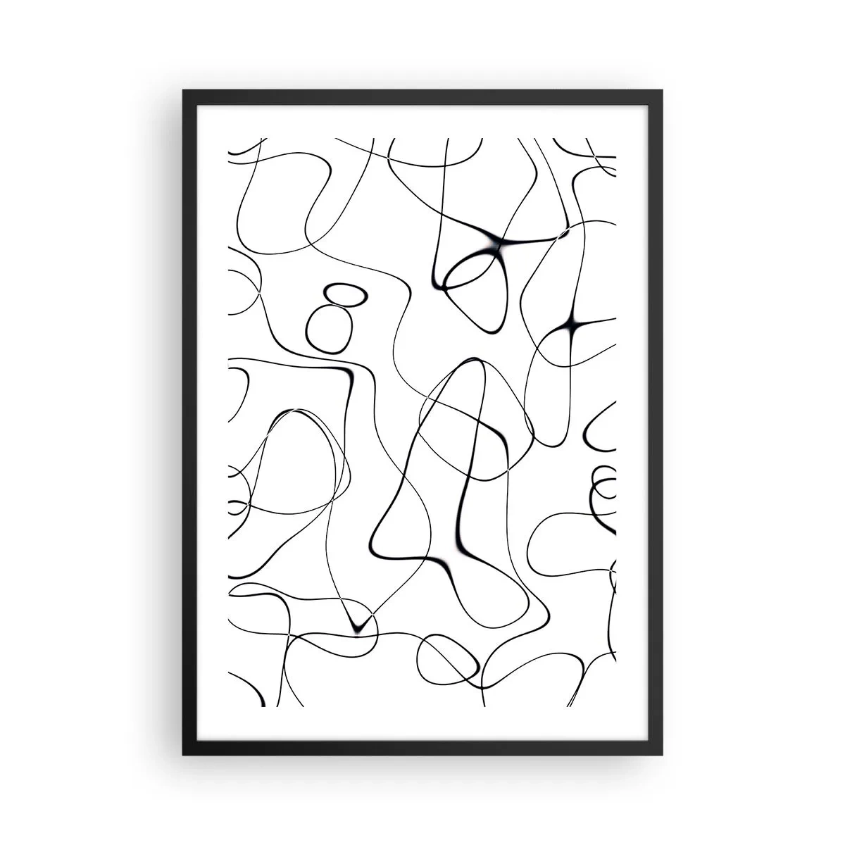 Plakat w czarnej ramie - Abstrakcyjne czarne linie na białym tle - 50x70cm - Ścieżki życia, koleje losu - Nowoczesna dekoracja ścienna do salonu i sypialni ARTTOR