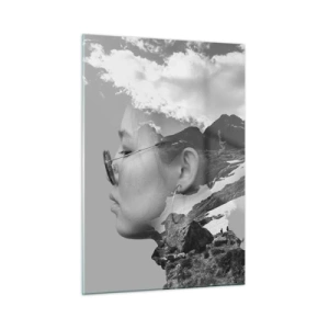 Obraz na szkle - A creative double exposure portrait with a mountain landscape and clouds - 50x70cm - Portret górny i chmurny - Nowoczesna dekoracja ścienna do salonu, kuchni i sypialni ARTTOR