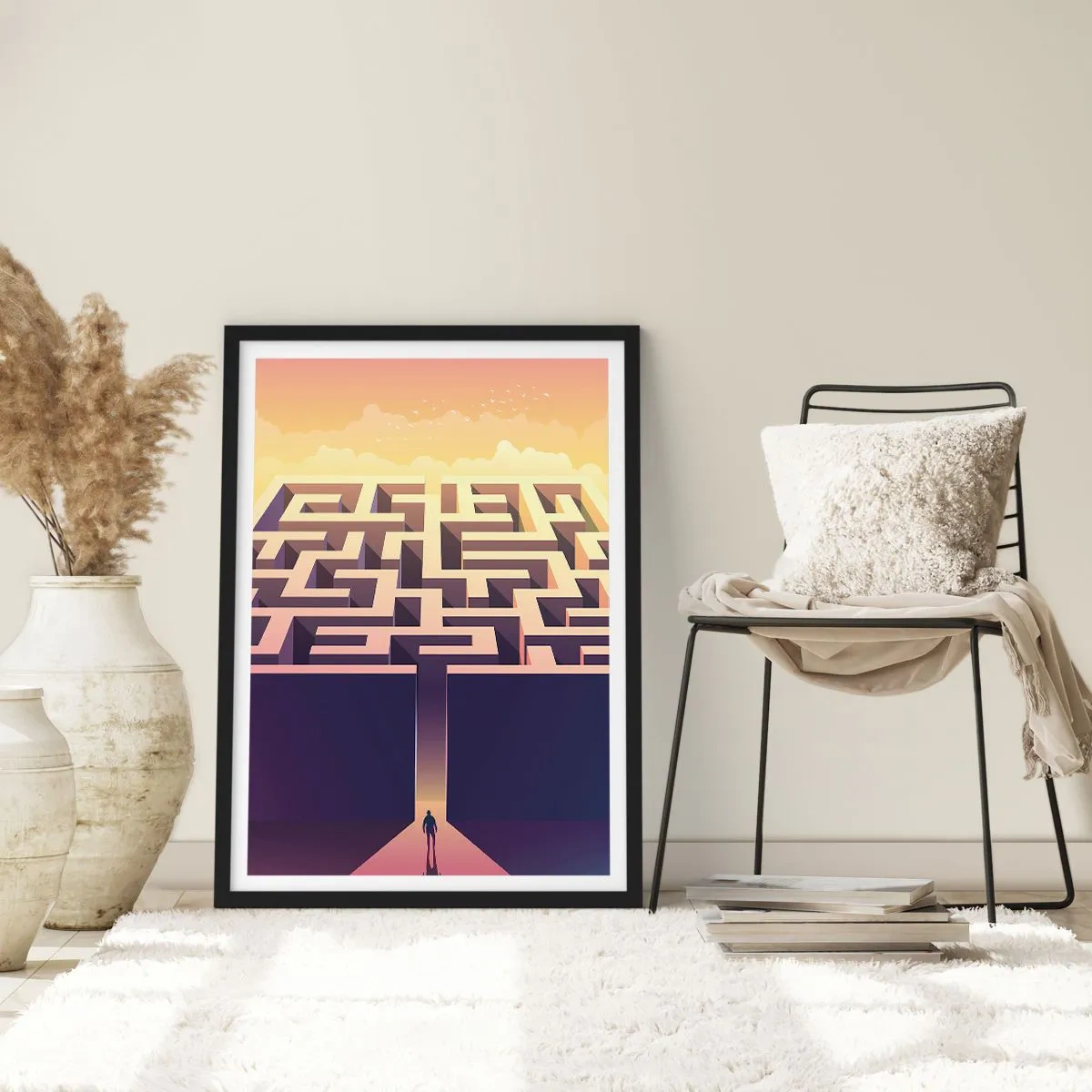 Plakat w czarnej ramie - Symboliczny labirynt w złocistym świetle - 50x70cm - Czas decyzji - Nowoczesna dekoracja ścienna do salonu i sypialni ARTTOR