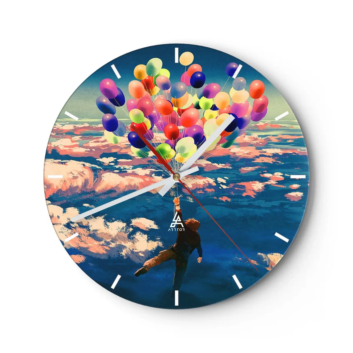 Zegar ścienny - Postać unosząca się w powietrzu z kolorowymi balonami - 30x30cm - Spełnione marzenie dzieciństwa - Nowoczesna dekoracja ścienna do salonu, kuchni i sypialni ARTTOR