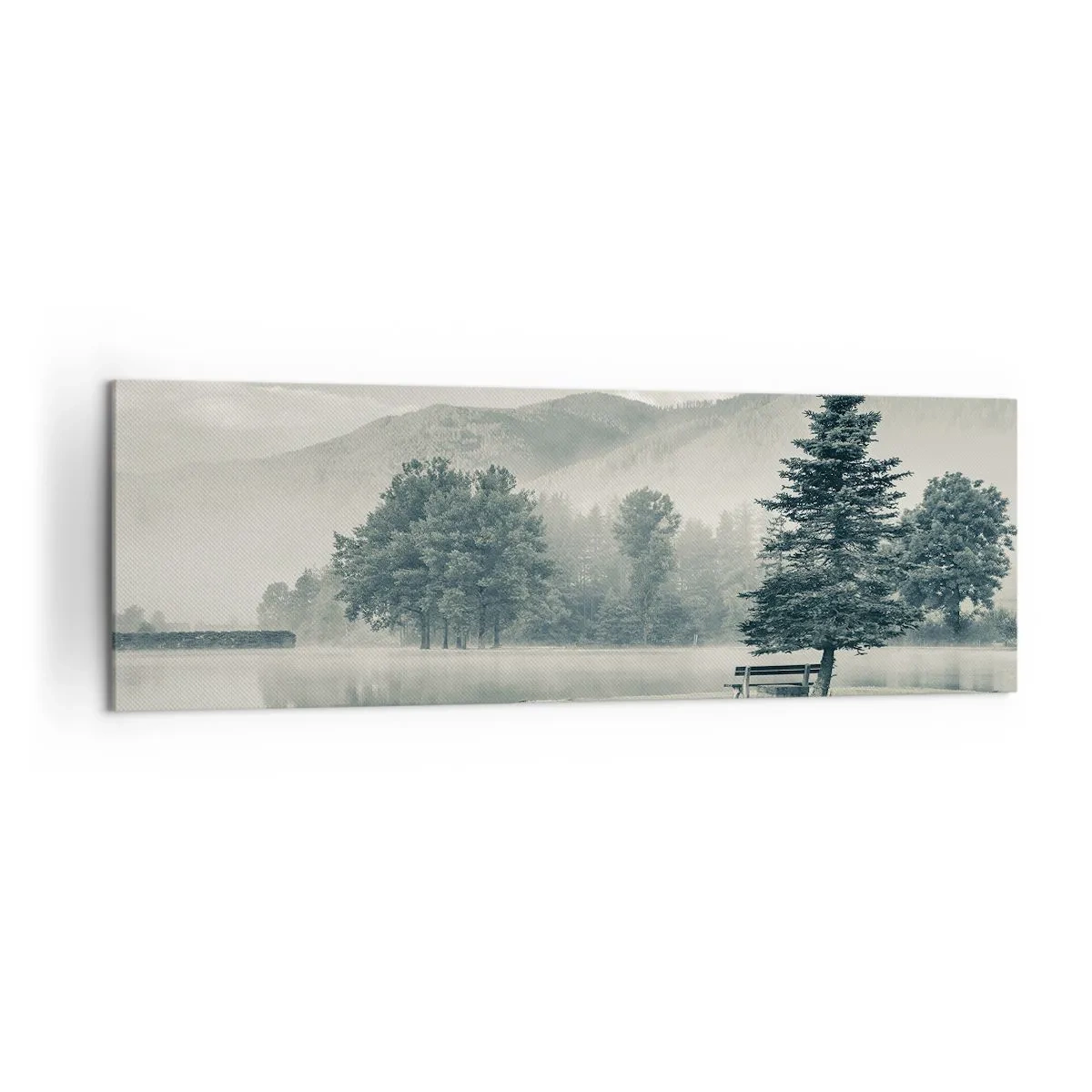 Obraz na płótnie - Malownicze jezioro z ławką i mgłą w tle - 160x50cm - Jezioro jeszcze śpi - Nowoczesna dekoracja ścienna do salonu i sypialni ARTTOR