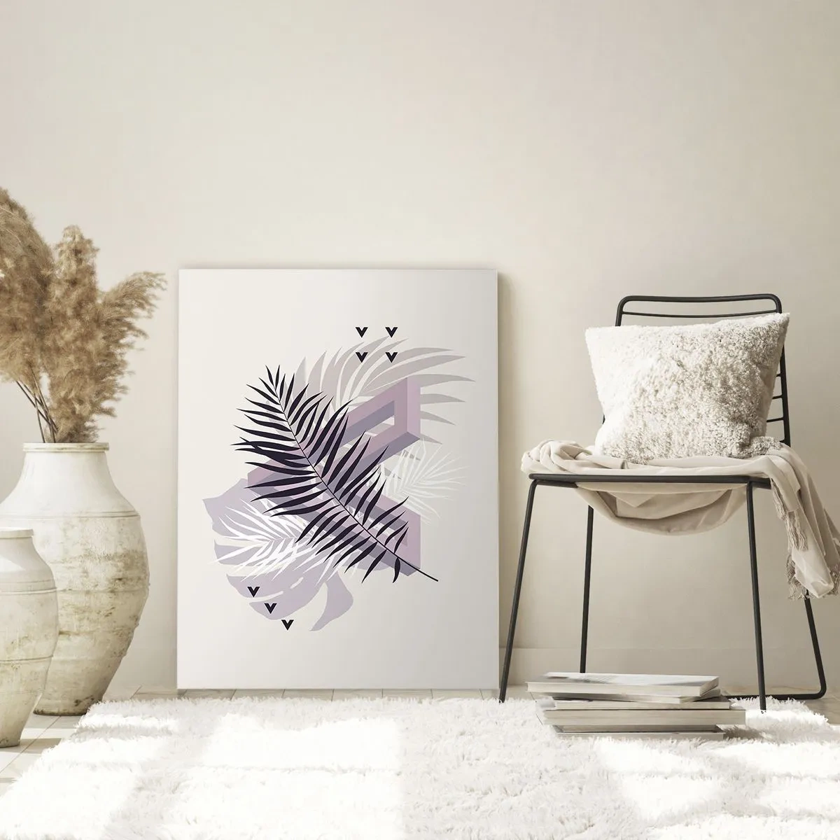 Obraz na szkle - Minimalistyczna kompozycja z liśćmi i geometrycznymi kształtami - 80x120cm - Cień cienia - Nowoczesna dekoracja ścienna do salonu i sypialni ARTTOR