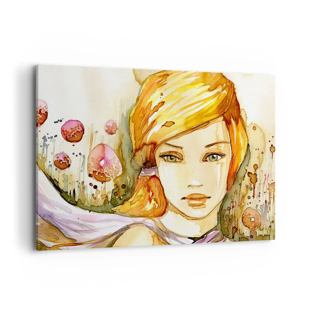 Obraz na płótnie - Portret kobiety w akwarelowych kolorach z intensywnym spojrzeniem - 100x70cm - Szmaragdowe spojrzenie, co ucisza gniew - Nowoczesna dekoracja ścienna do salonu, kuchni i sypialni ARTTOR