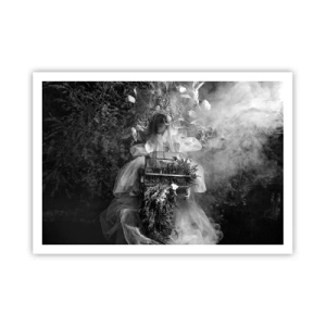 Plakat - Czarno-biała kompozycja z postacią w sukni i klatką wśród mgły - 100x70cm - Sama Matka – Natura - Nowoczesna dekoracja ścienna do salonu i sypialni ARTTOR