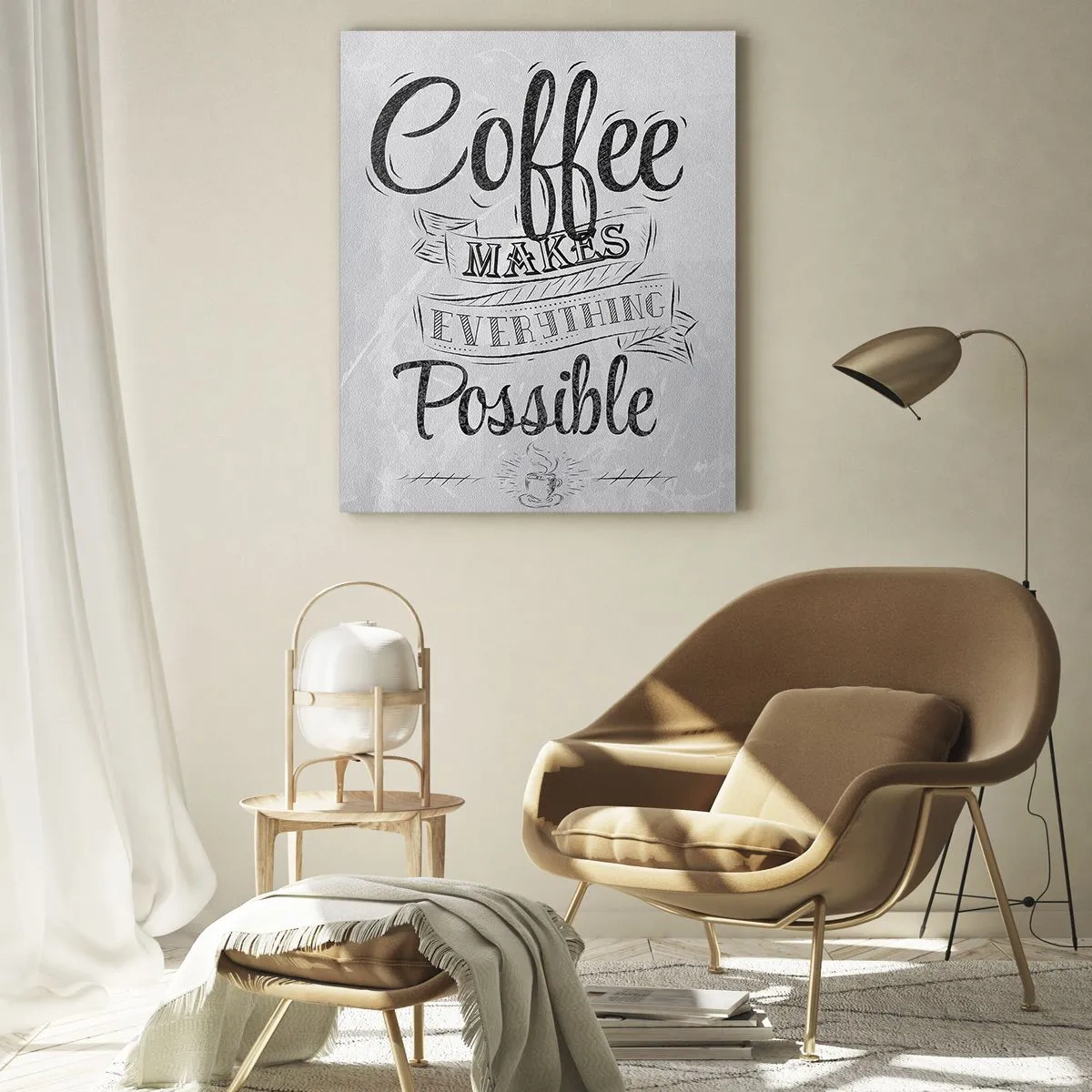 Obraz na szkle - Czarno-biały napis 'Coffee makes everything possible' w stylu vintage - 80x120cm - Jak tu nie kochać kawy - Nowoczesna dekoracja ścienna do salonu i sypialni ARTTOR