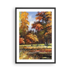 Plakat w czarnej ramie - Jesienny pejzaż z kolorowymi drzewami - 50x70cm - Pejzaż w złocie i brązie - Nowoczesna dekoracja ścienna do salonu i sypialni ARTTOR