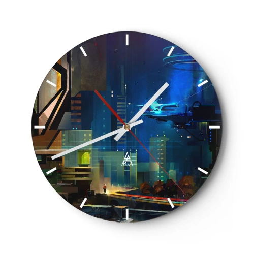 Zegar ścienny - Futurystyczne miasto nocą z neonowymi światłami i pojazdami - 30x30cm - W niedalekiej przyszłości - Nowoczesna dekoracja ścienna do salonu, kuchni i sypialni ARTTOR
