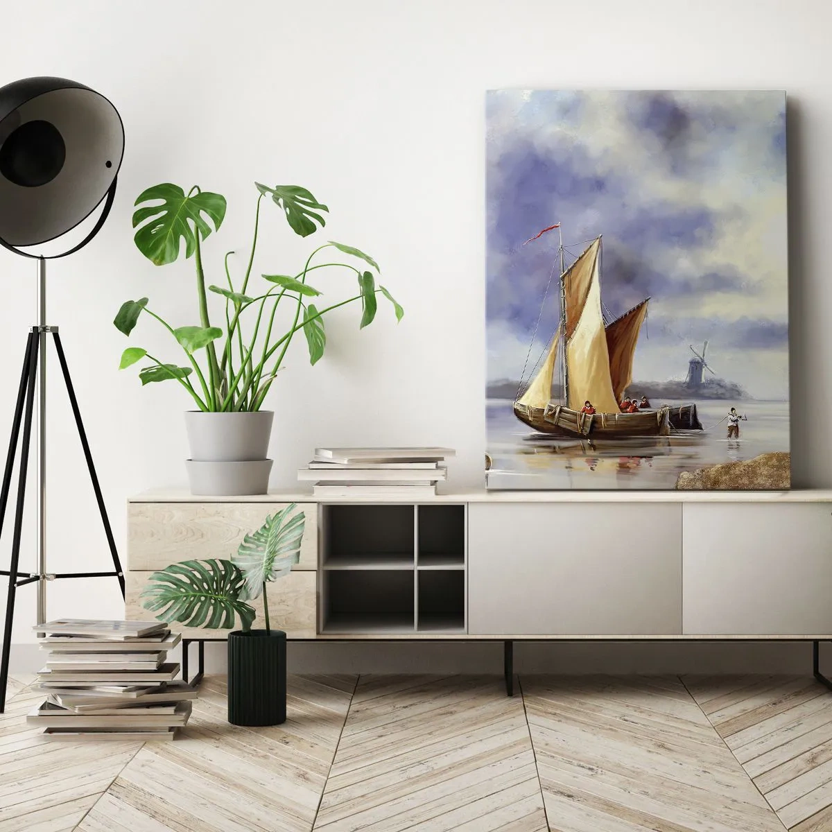 Obraz na płótnie - Obraz przedstawia żaglowiec na spokojnej wodzie z wiatrakiem w tle - 50x70cm - Powrót żeglarzy - Nowoczesna dekoracja ścienna do salonu, kuchni i sypialni ARTTOR