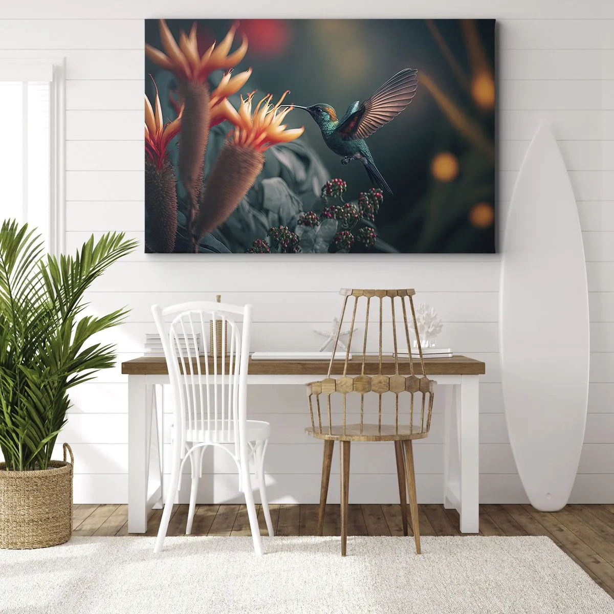 Obraz na płótnie - Kolorowy koliber przy kwiatach na tle natury - 70x50cm - naprawdę barwne życie - Nowoczesna dekoracja ścienna do salonu i sypialni ARTTOR