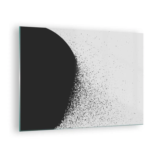 Obraz na szkle - Abstrakcja czarnej masy rozpadającej się na białym tle - 70x50cm - Ruch cząsteczek - Nowoczesna dekoracja ścienna do salonu i sypialni ARTTOR