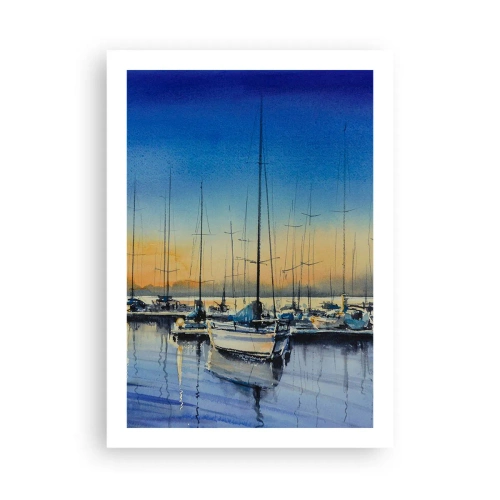 Plakat - Malarska scena z żaglówkami w porcie o zachodzie słońca - 50x70cm - Koniec dobrego dnia - Nowoczesna dekoracja ścienna do salonu, kuchni i sypialni ARTTOR