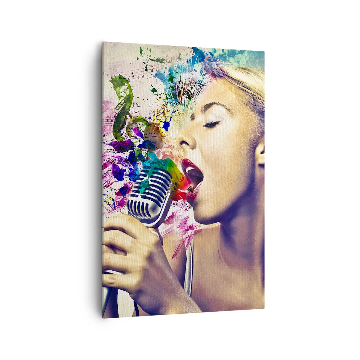 Obraz na płótnie - Artystyczny portret kobiety śpiewającej z kolorowymi efektami - 80x120cm - Pomalować głosem świat - Nowoczesna dekoracja ścienna do salonu i sypialni ARTTOR