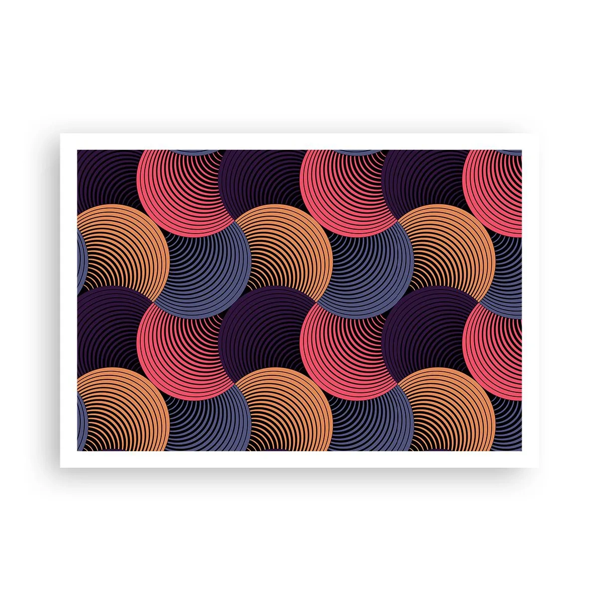 Plakat - Geometryczne kręgi w odcieniach różu, fioletu i złota - 100x70cm - W kolistym rytmie - Nowoczesna dekoracja ścienna do salonu i sypialni ARTTOR