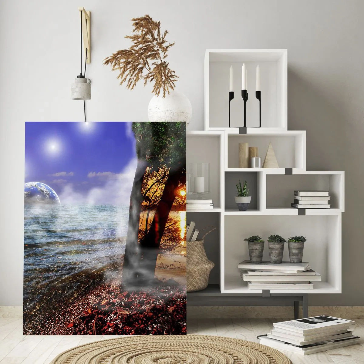 Obraz na szkle - Fantazyjny pejzaż z morzem i planetą - 50x70cm - Pejzaż surrealistyczny - jedność natury - Nowoczesna dekoracja ścienna do salonu, kuchni i sypialni ARTTOR