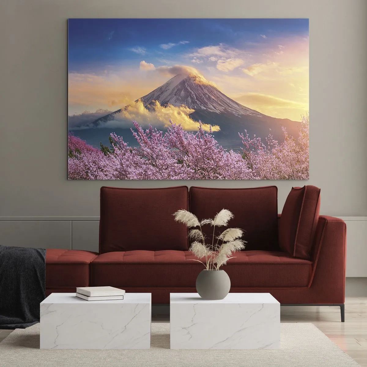 Obraz na szkle - Wulkan Fuji w tle z kwitnącymi drzewami sakury na pierwszym planie - 70x50cm - Japońska świętość - Nowoczesna dekoracja ścienna do salonu i sypialni ARTTOR