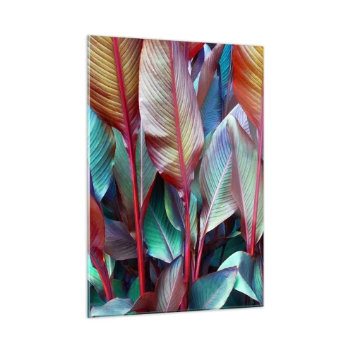 Obraz na szkle - Barwny gąszcz liści w odcieniach czerwieni, zieleni i fioletu - 50x70cm - Kolorowy gąszcz - Nowoczesna dekoracja ścienna do salonu, kuchni i sypialni ARTTOR