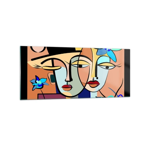 Obraz na szkle - Kubistyczne portrety w żywych kolorach z kwiatowym motywem - 120x50cm - Picassowskie randez vous - Nowoczesna dekoracja ścienna do salonu i sypialni ARTTOR