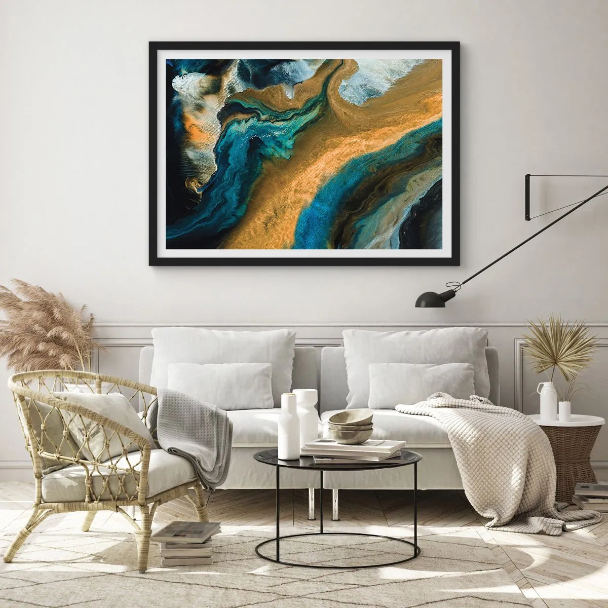 Plakat w czarnej ramie - Niebieski – zółty – wzajemne wpływy - 40x30 cm