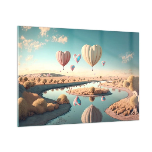 Obraz na szkle - Balony w kształcie serc nad bajkowym krajobrazem z rzeką - 100x70cm - Miłość pozwala wznieść się - Nowoczesna dekoracja ścienna do salonu, kuchni i sypialni ARTTOR