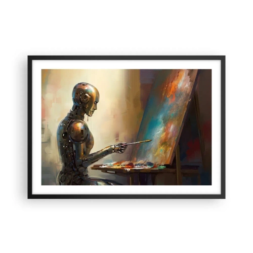 Plakat w czarnej ramie - Robot malujący na płótnie w artystycznym stylu - 70x50cm - Sztuka przyszłości - Nowoczesna dekoracja ścienna do salonu i sypialni ARTTOR