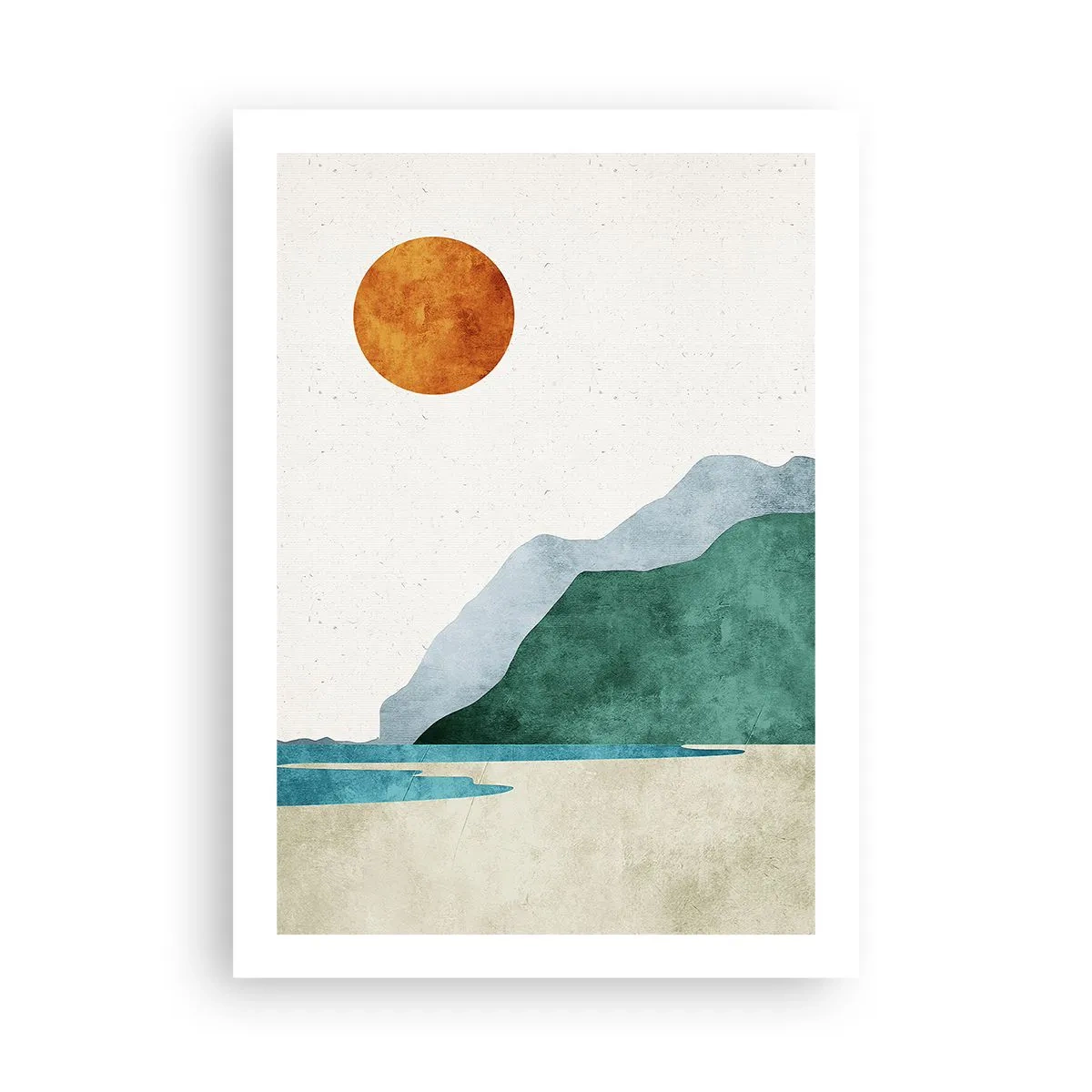 Plakat - Minimalistyczny krajobraz górski z plażą i słońcem - 50x70cm - Pejzaż jak należy - Nowoczesna dekoracja ścienna do salonu, kuchni i sypialni ARTTOR