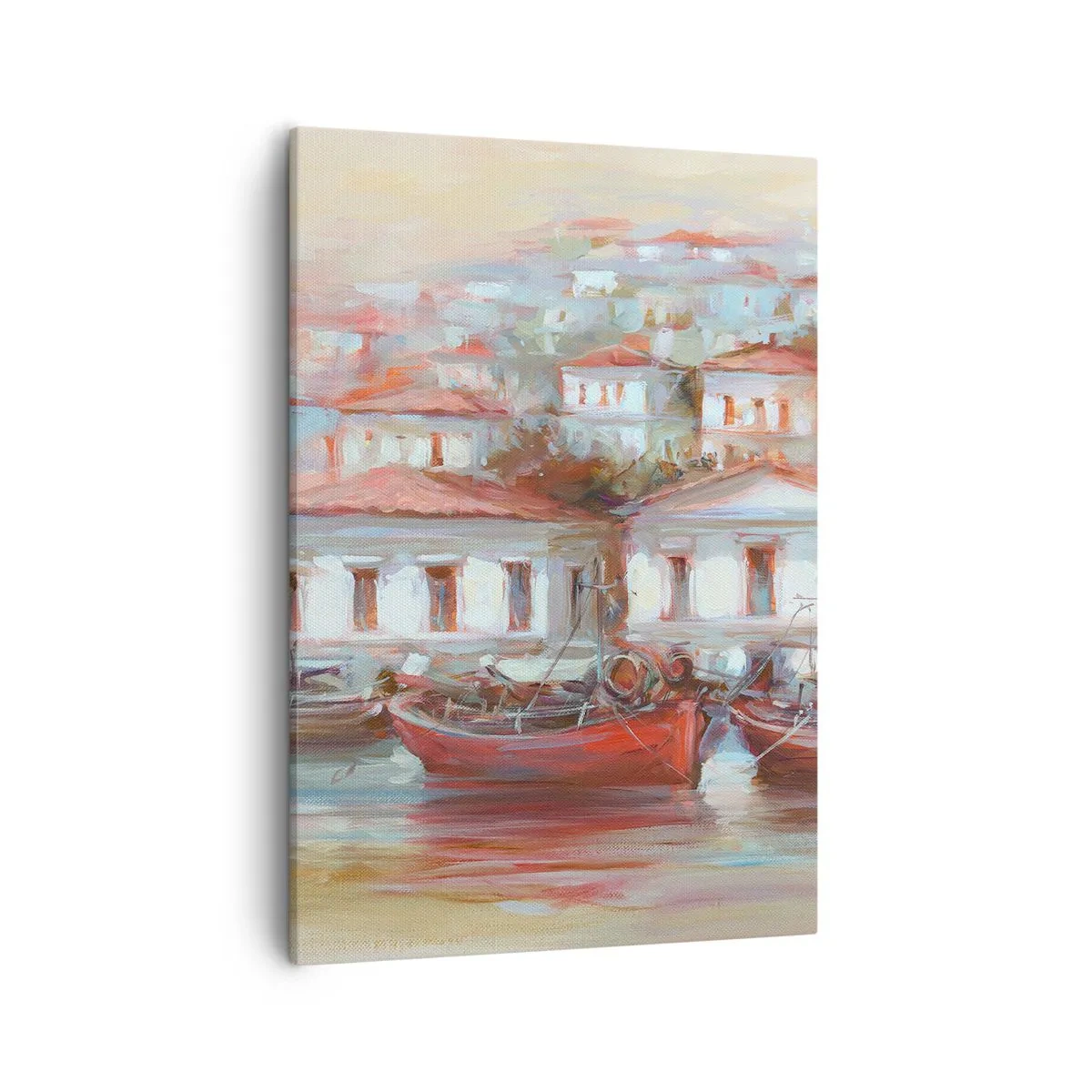 Obraz na płótnie - Malownicze miasteczko nad wodą z kolorowymi łódkami w stylu impresjonistycznym - 50x70cm - Szczęśliwe miasteczko - Nowoczesna dekoracja ścienna do salonu, kuchni i sypialni ARTTOR