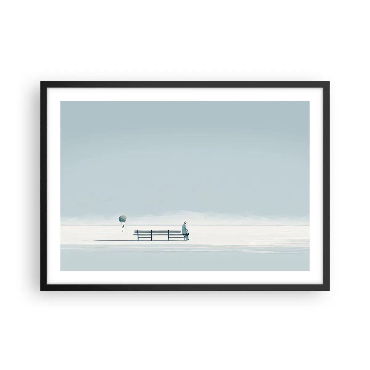 Plakat w czarnej ramie - Osoba siedząca na ławce w minimalistycznym krajobrazie - 70x50cm - Tak, czekam. - Nowoczesna dekoracja ścienna do salonu i sypialni ARTTOR