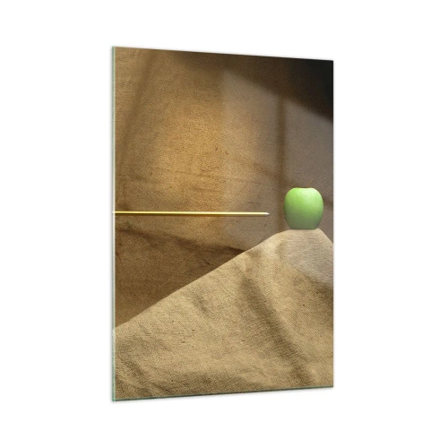 Obraz na szkle - Zielone jabłko na beżowym tle z przeszywającą je strzałą - 50x70cm - Przywołać ducha Wilhelma Tella - Nowoczesna dekoracja ścienna do salonu, kuchni i sypialni ARTTOR