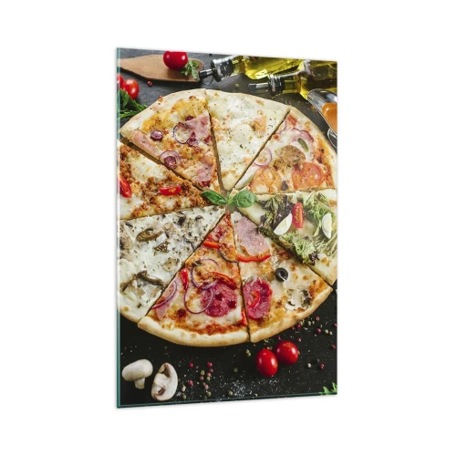 Obraz na szkle - Pizza w różnych smakach na tle z dodatkami - 80x120cm - Wachlarz smaków - Nowoczesna dekoracja ścienna do salonu i sypialni ARTTOR