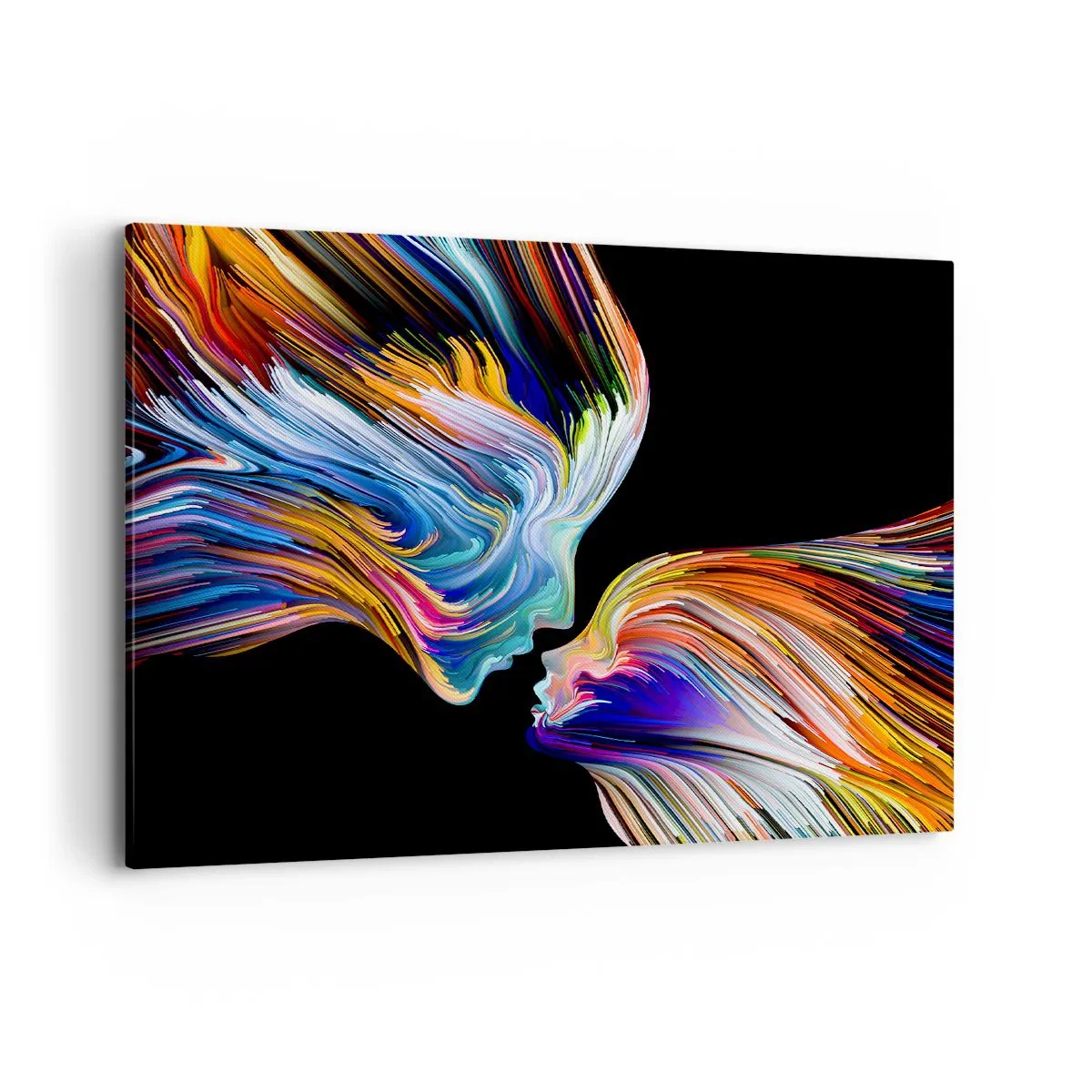 Obraz na płótnie - Kolorowe sylwetki twarzy w dynamicznych strugach na czarnym tle - 100x70cm - Fuzja energii i światła - Nowoczesna dekoracja ścienna do salonu, kuchni i sypialni ARTTOR