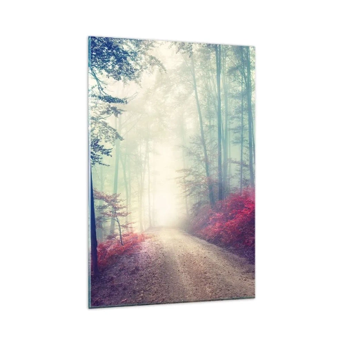 Obraz na szkle - Magiczna ścieżka leśna otoczona drzewami i mgłą - 80x120cm - Jak dobrze wstać skoro świt - Nowoczesna dekoracja ścienna do salonu i sypialni ARTTOR