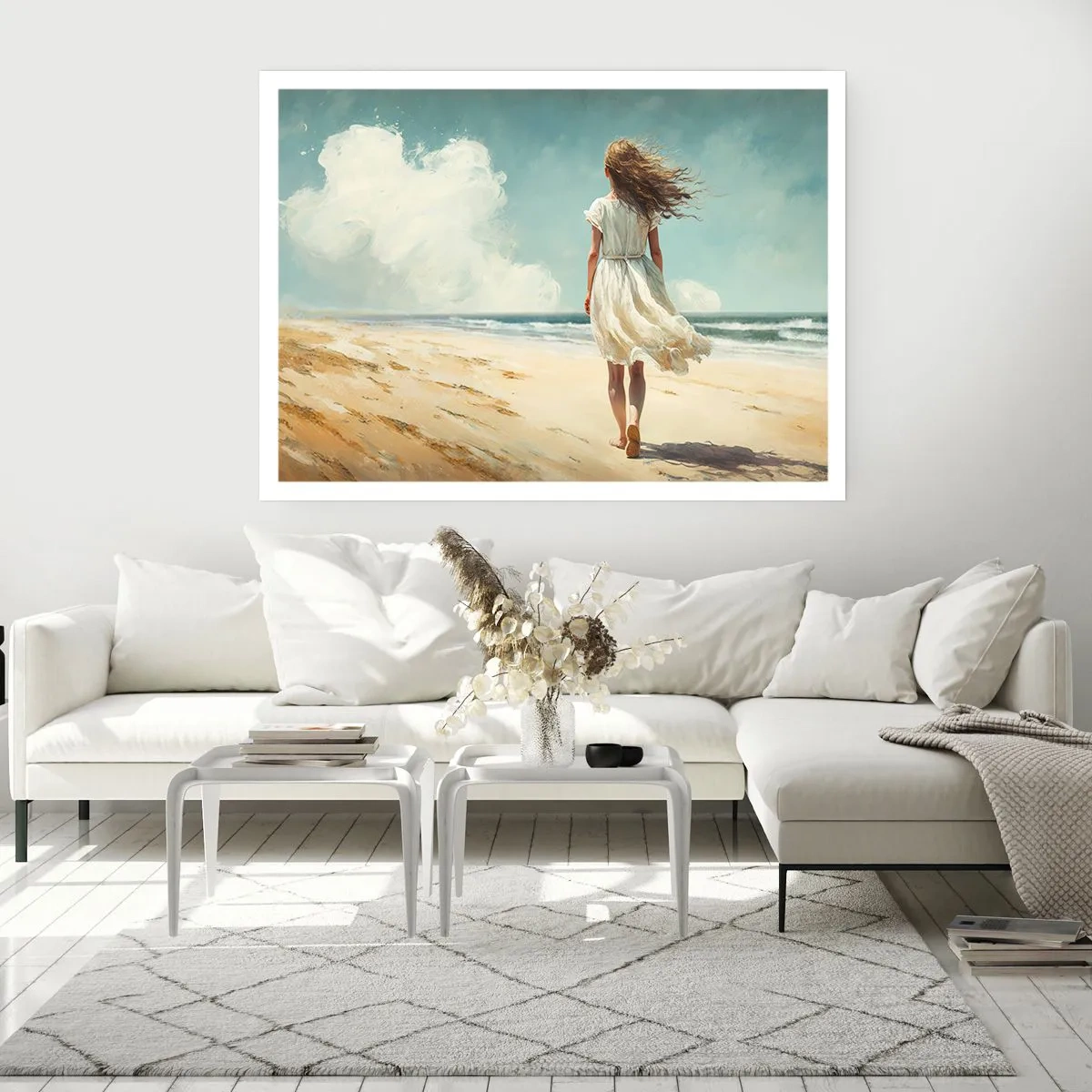 Plakat - Kobieta w białej sukni spacerująca po plaży w słoneczny dzień - 100x70cm - Na spotkanie słońca i wiatru - Nowoczesna dekoracja ścienna do salonu i sypialni ARTTOR