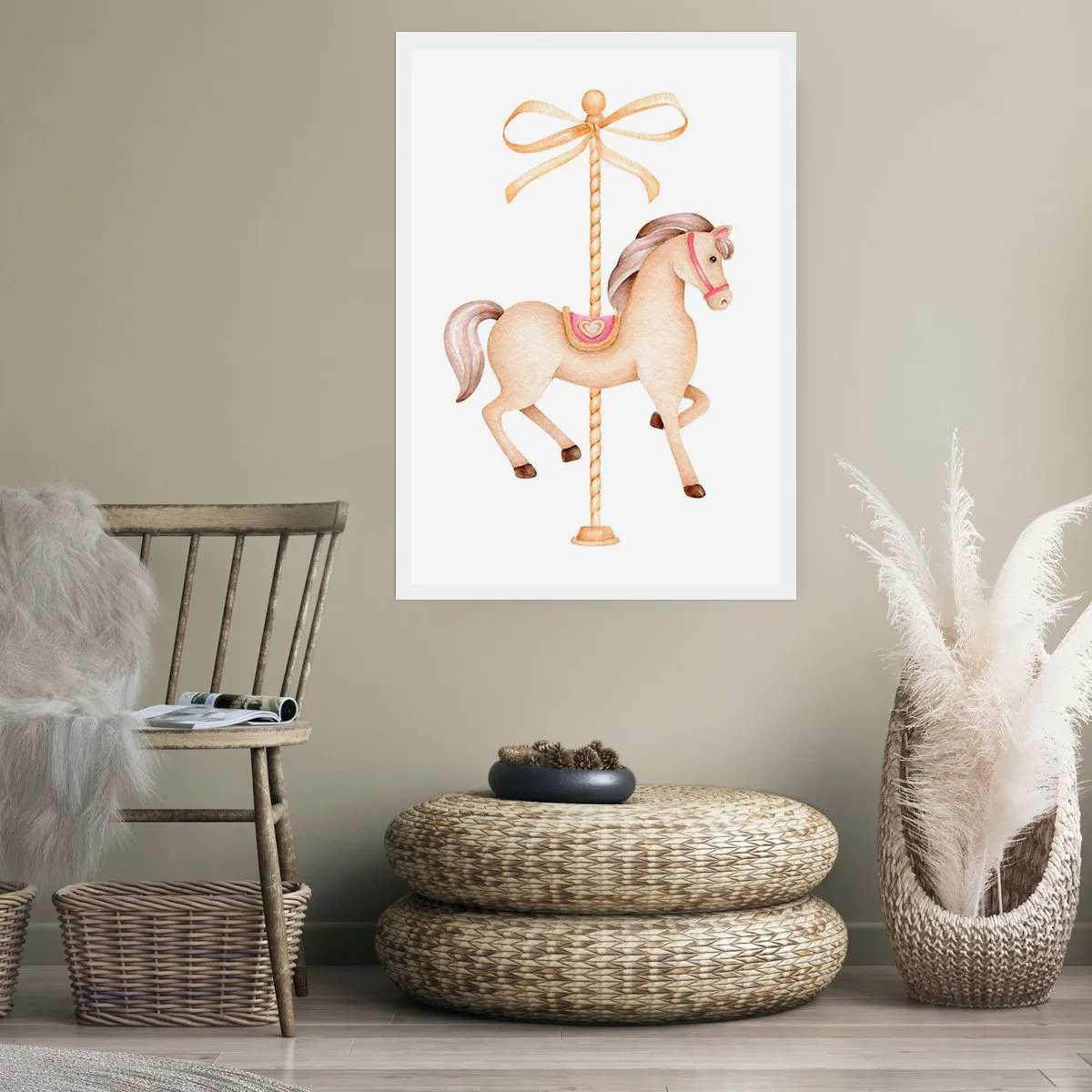 Plakat - Delikatna ilustracja konika karuzelowego w pastelach - 50x70cm - Wdzięcznym kłusem - Nowoczesna dekoracja ścienna do salonu, kuchni i sypialni ARTTOR