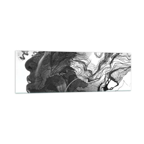 Obraz na szkle - Abstrakcyjna twarz w czerni i bieli z dynamicznymi liniami - 160x50cm - Zaplątana w marzeniach - Nowoczesna dekoracja ścienna do salonu i sypialni ARTTOR