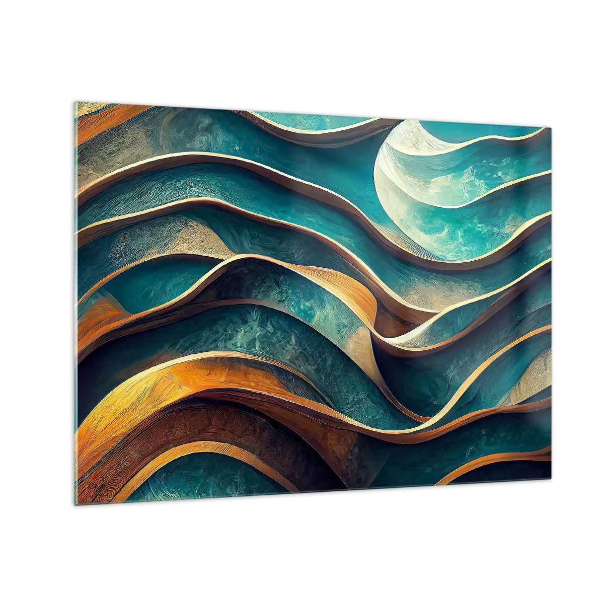 Obraz na szkle - Dynamiczne linie w błękicie i miedzi tworzące fale - 70x50cm - Meandry błękitu - Nowoczesna dekoracja ścienna do salonu i sypialni ARTTOR