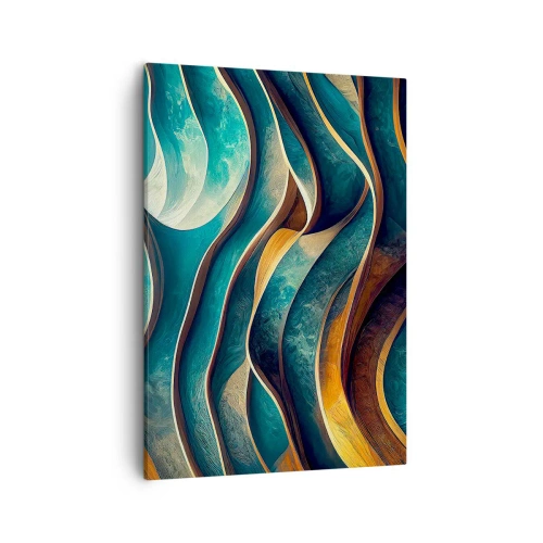 Obraz na płótnie - Abstrakcyjna kompozycja falistych kształtów w odcieniach turkusu, złota i brązu - 50x70cm - Meandry błękitu - Nowoczesna dekoracja ścienna do salonu, kuchni i sypialni ARTTOR
