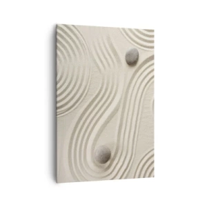 Obraz na płótnie - Minimalistyczny wzór zen z piaskiem i kamieniami - 70x100cm - Dotyk ciepła - Nowoczesna dekoracja ścienna do salonu i sypialni ARTTOR