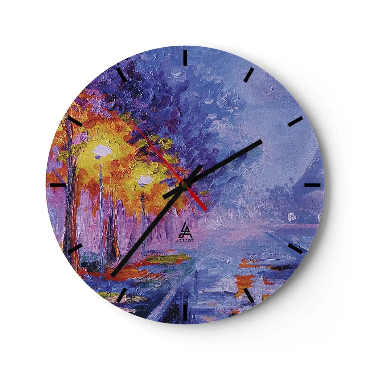 Zegar ścienny - Impresjonistyczny krajobraz z lampami i kolorowymi drzewami - 30x30cm - Wymarzony spacer - Nowoczesna dekoracja ścienna do salonu, kuchni i sypialni ARTTOR