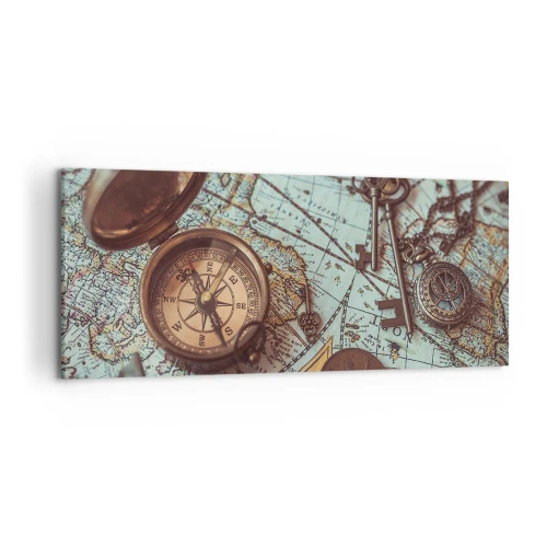 Obraz na płótnie - Kompozycja z kompasem, kluczami i starą mapą w stylu retro - 120x50cm - Dla poszukiwacza przygód - Nowoczesna dekoracja ścienna do salonu i sypialni ARTTOR