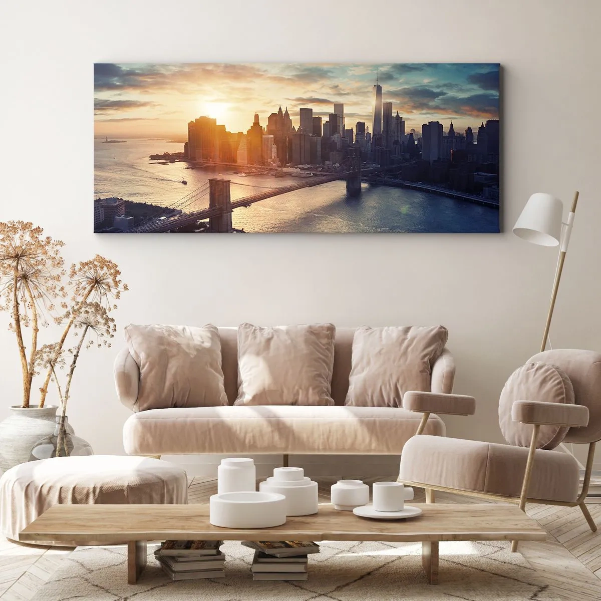 Obraz na płótnie - Panorama miasta z mostem i rzeką w świetle zachodzącego słońca - 120x50cm - Pomnik kultury Zachodu - Nowoczesna dekoracja ścienna do salonu i sypialni ARTTOR