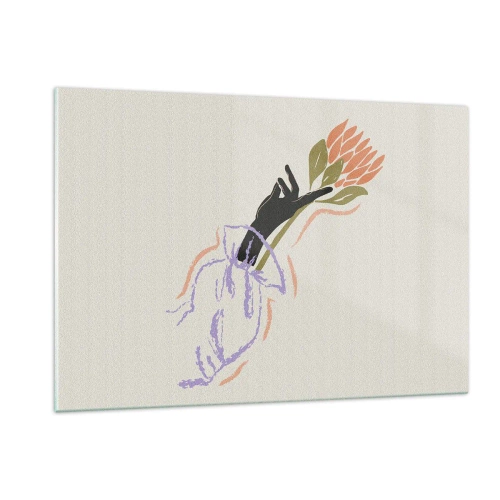 Obraz na szkle - Stylizowana dłoń z bukietem kwiatów narysowana pastelowymi liniami - 120x80cm - Siostrzany dotyk - Nowoczesna dekoracja ścienna do salonu, kuchni i sypialni ARTTOR