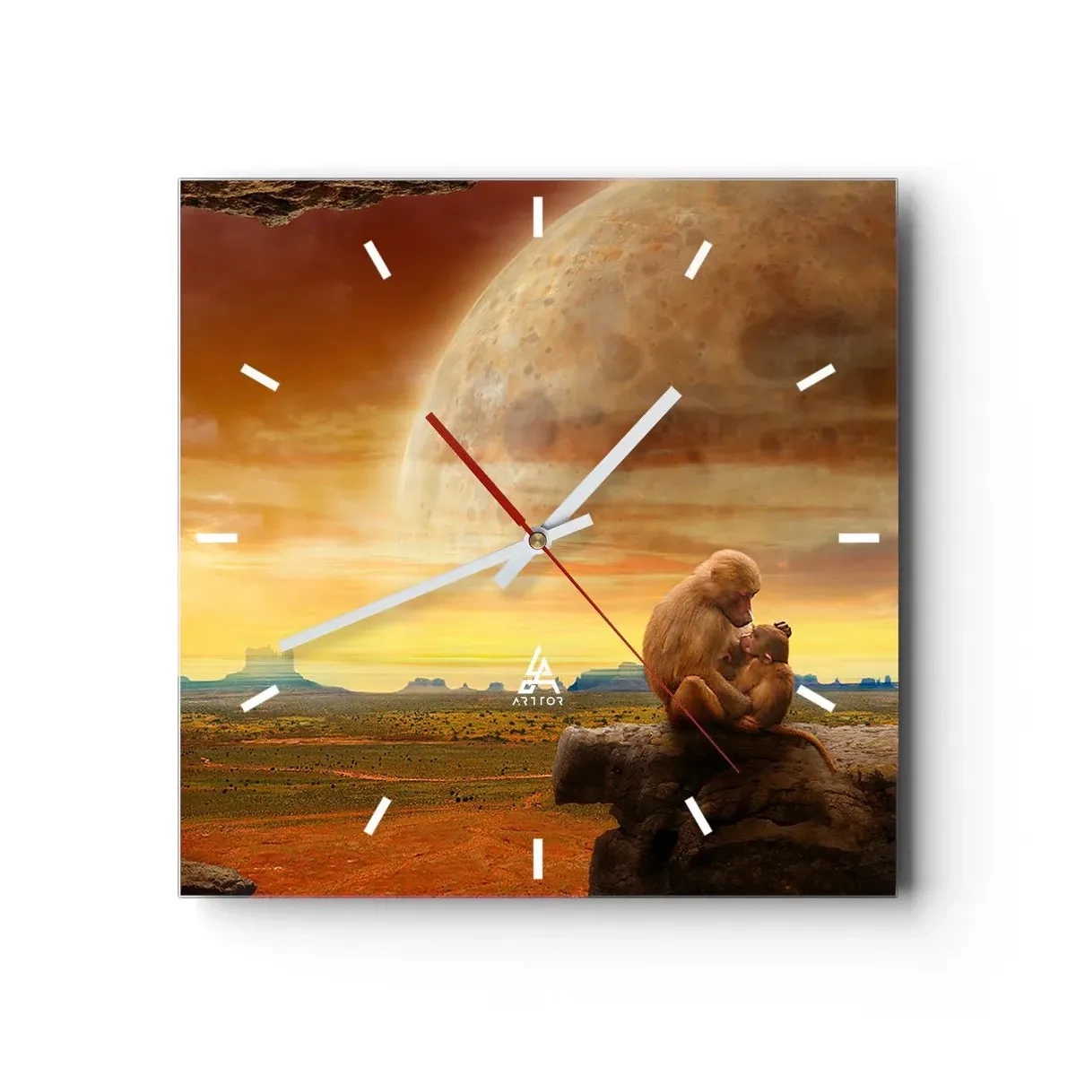 Zegar ścienny - Małpy siedzące na skale w surrealistycznym krajobrazie z wielką planetą - 30x30cm - Miłość wszędzie ta sama - Nowoczesna dekoracja ścienna do salonu i sypialni ARTTOR