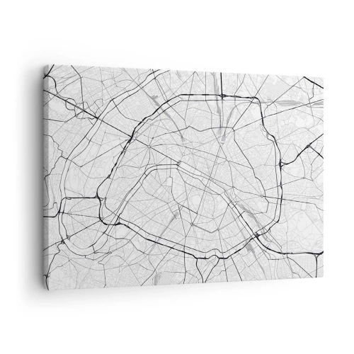 Obraz na płótnie - Minimalistyczna mapa miasta w czerni i bieli - 70x50cm - Kwiat Paryża - Nowoczesna dekoracja ścienna do salonu i sypialni ARTTOR