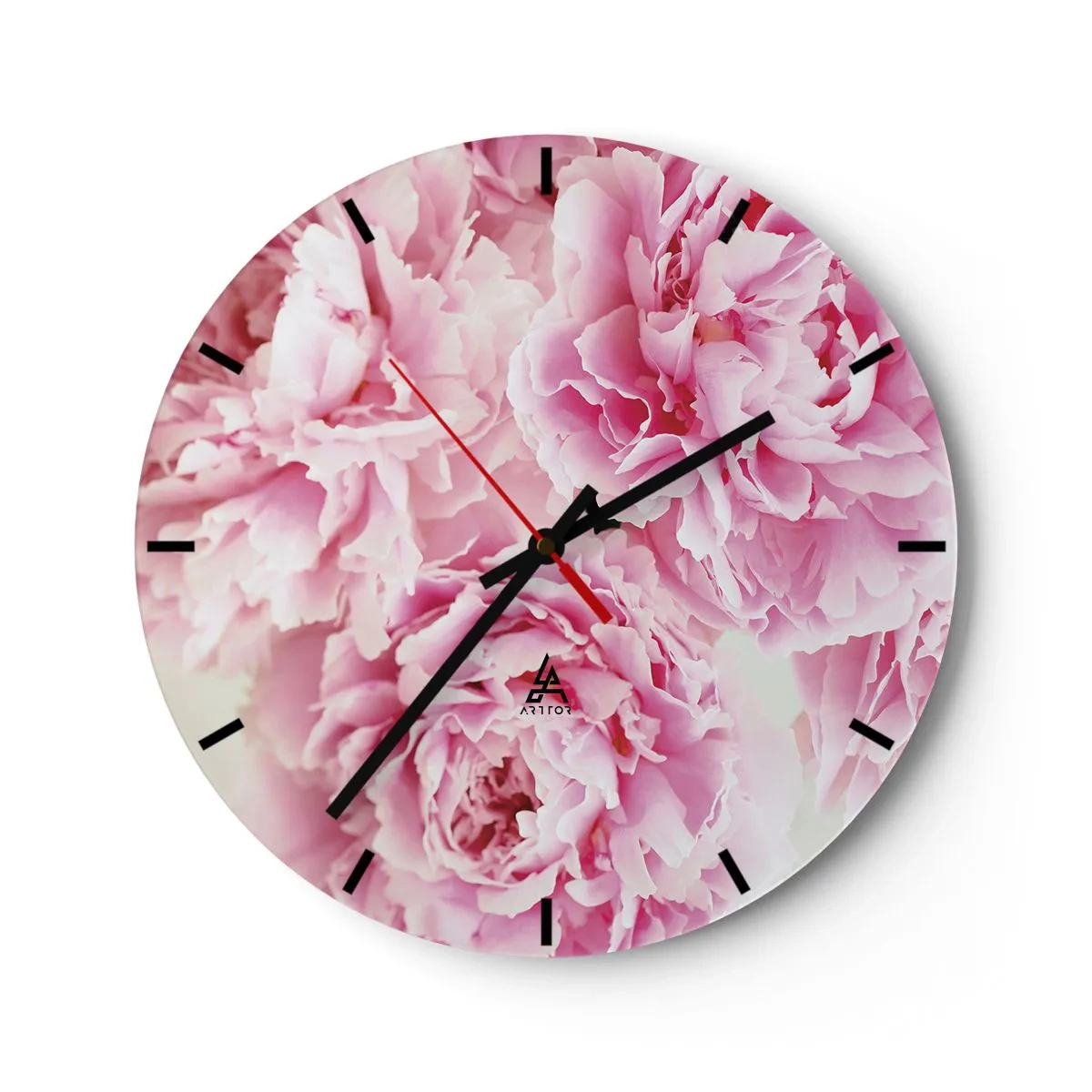 Zegar ścienny - Różowe kwiaty piwonii na tle białym - 30x30cm - W różowym przepychu - Nowoczesna dekoracja ścienna do salonu, kuchni i sypialni ARTTOR