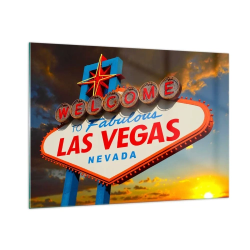 Obraz na szkle - Znak powitalny Las Vegas na tle zachodzącego słońca - 100x70cm - Po uśmiech losu - Nowoczesna dekoracja ścienna do salonu, kuchni i sypialni ARTTOR